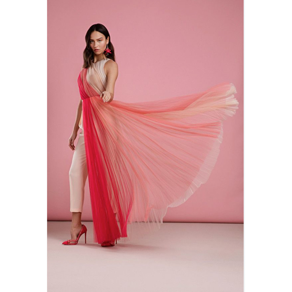 Boston Proper Jumpsuit Colorblock Pink Coral Tulle Pleated Size 16